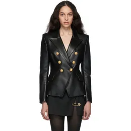 B1016 dames lederen kunstleer designer lederen blazer bovenkleding elegante dubbele rij knopen zachte zwarte sheppskin jas jaqueta feminina