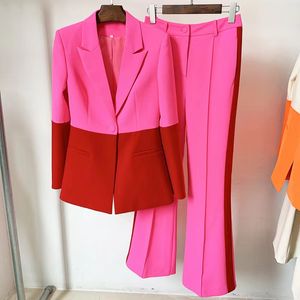 B1120 Anniversary Cocktail Prom Party Designer Runway Set Set Dames Star Style Single Button Color Block Blazer Flare Pants Pak