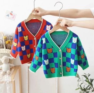 B122 Kids Dise￱ador ropa a cuadros Cardigan Baby Boy Girl Sweaters Vistina de punto en V