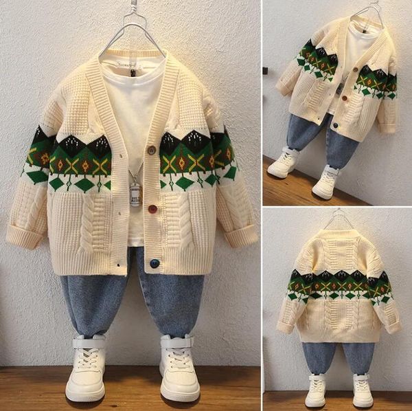 B131 Ropa de diseñador para niños Patrón geométrico Cárdigan beige Bebé niño niña Suéteres Ropa de punto con cuello en V verde Jersey abrigo para niños