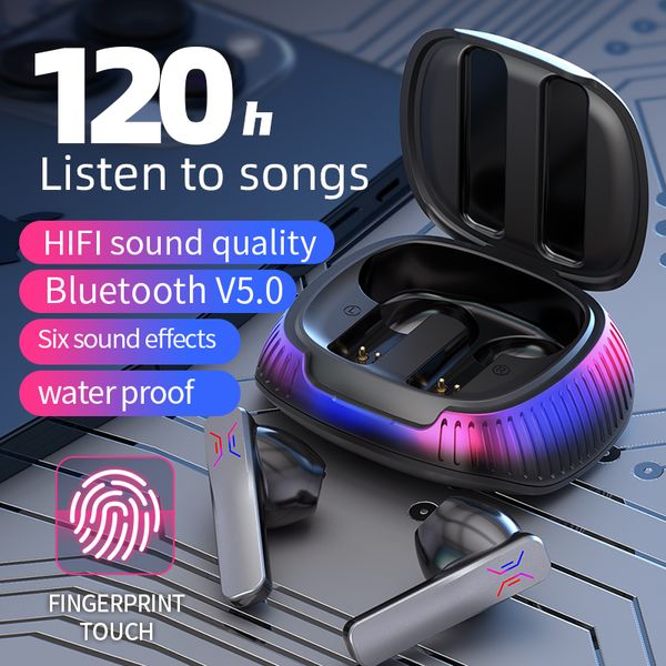 B18 TWS Bluetooth 5.0 Fone de ouvido sem fio RGB Luminous Touch Headphone Super Bass Som envolvente Fone de ouvido para jogos com microfone HD à prova d'água Esportes Earbuds