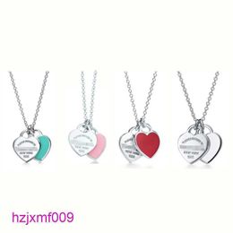 B1o0 Diseñador Tiffanyset Collares pendientes Moda t Inicio S925 Plata Azul Esmalte caído Esmalte en forma de corazón Collar colgante Corbata Luz para el hogar Lujo Doble Corazón Loc