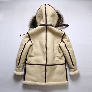 B7 vestes de fourrure double face en fourrure de mouton mérinos avec capuche en fourrure de raton laveur protection contre le froid de montagne de neige polaire