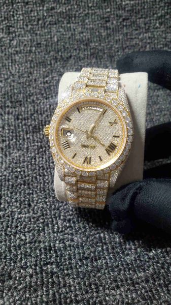 B8SI Moissanite 2024 Nouveau diamants glacés Montre PASS TT ETA 3255 mouvement Mécanique Or Jaune Top qualité Hommes LuxuryWatch boxAKFXXIG1