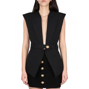 BA031 gilets femmes printemps été noir col rabattu bouton sans manches costume gilet hauts à la mode polyvalent décontracté mince femme vêtements