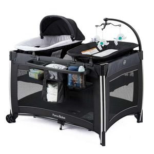 Babe 4 en 1 Centro de guardería de Deluxe Baby Cunser de Babe - Plazard de viaje plegable con cuna, mesa de cambio y colchón para recién nacidos, bebés y niños pequeños (negros)