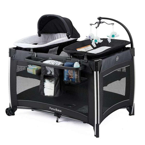 Babe 4 in 1 Portable Baby Crib Deluxe Nursery Center - Playard de voyage pliable avec berceau, table à langer et matelas pour les nouveau-nés, les nourrissons et les tout-petits (noir)