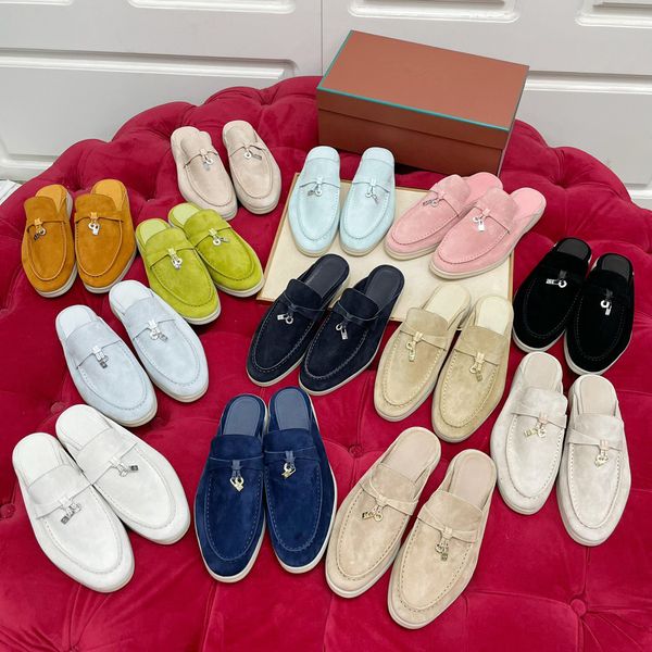 Babouche mule mocasines Charms Walk Suede Women Slippers Flats Diseñador de lujo Zapatos Slip-Slip-On Deep Ocra Genuine Moccasin Comfort Styl