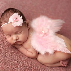 Baby Angel Photo Wing Photography Props Nouveau-né jolie costume de plumes blanches roses avec un bandeau de fleur en dentelle élastique BJ