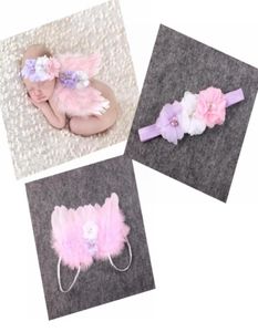 Baby Angel Wing Chiffon bloem hoofdband Pography Props Set pasgeboren Pretty Angel Fairy Roze veren Wing Kostuum Po Prop Y6107847