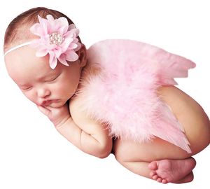 Bébé ange aile + mousseline de soie dentelle élastique fleur bandeau photographie accessoires ensemble nouveau-né jolie rose blanc plume Costume Photo bandeau