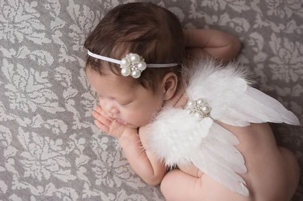 Baby Angel Wing + perla diamante flor Thin Elastic headband Set recién nacido Pretty Angel Fairy plumas blancas Wing Costume Photo Prop YM6110