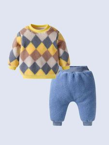 Baby Argyle Pattern Colorblock Teddy Pullover Pantalon de survêtement à taille élastique SHE