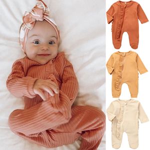 6 kleuren babyartikel pit jumpsuits kinderen rits ruche massief wrap voet romper kleding snoep kleur pasgeboren lange mouw kleding M2202