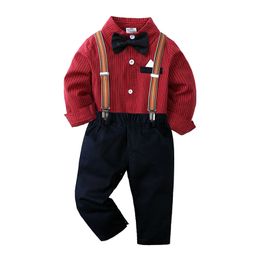 Vêtements d'automne pour bébés garçons, ensemble 2 pièces, chemise à manches longues avec nœud et bretelles, pantalon en jean pour garçons