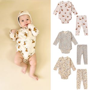 Vêtements d'automne et de printemps pour bébé, barboteuse à manches longues, hauts et pantalons, combinaison en coton doux imprimé, body pour nouveau-né, ensemble de vêtements pour tout-petits