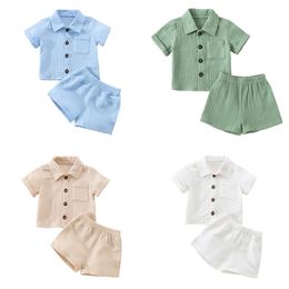 Baby Baby Boy Clothing Set Pure Cotton Linen Korte Meved Pocket T-Shirtshorts Casual Sportswear Set 240424