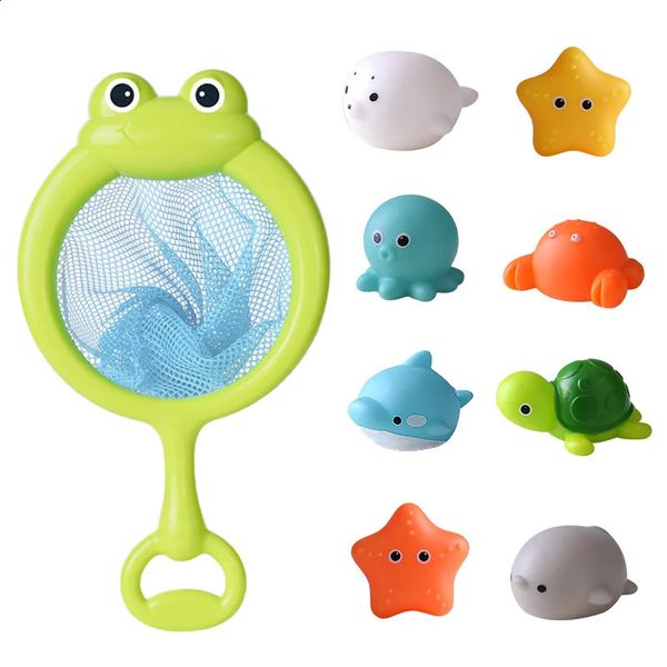 Juguetes de baño para bebés, lindos animales flotantes luminosos, natación, luz de agua, juego divertido, bañera, red de pesca, juguete para niños, regalo 240131