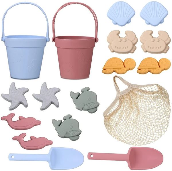 Jouets de bain pour bébé Ensemble de jouets de plage en silicone Enfants Voyage convivial Plage Seau en silicone Pelle Moules à sable Sac de plage Jouets de sable en silicone pour les tout-petits 231026