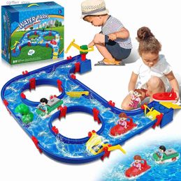Baby Bath Toys Water Way Toys for Kids 57 PCS DIY Water Park Playset Building Blocing Bloc sur table Page Pool Lawn Backyard Water Water Water avec 2 bateaux L48