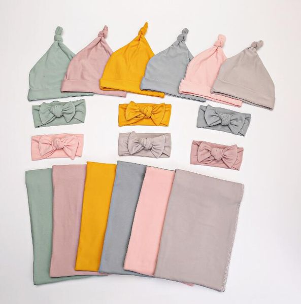 Couvertures pour bébé, bandeau Turban, 3 pièces, tissu d'emmaillotage en coton tricoté Super doux pour nouveau-né, lingettes pour enfants, WMQ1347