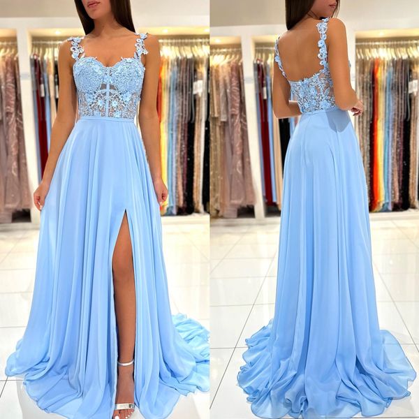 Vestido de fiesta azul bebé, vestido de dama de honor con tirantes de encaje, vestidos de fiesta con pliegues divididos en el muslo, vestidos de dama de honor de gasa para ocasiones especiales