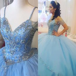 Baby Blue Ball Gowns Prom Vestidos de quinceañera 2019 Off The Shoulder Lace-up Beading Crystal Tiered Tulle Sweet 15 Dress vestido de299p