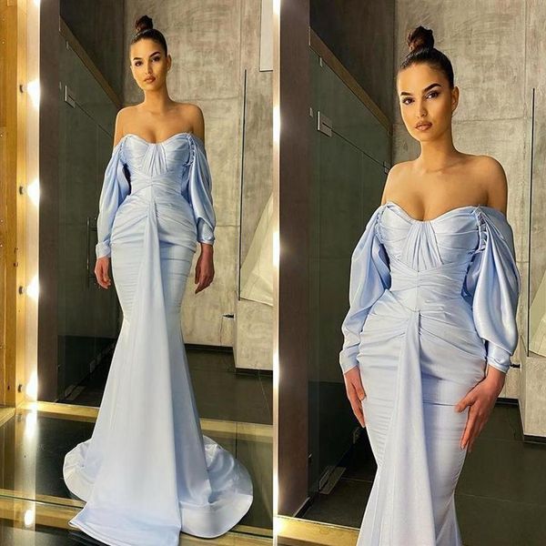 Bébé Bleu Dubaï Arabe Aso Ebi Sirène Robes De Bal Simple Sexy Hors Épaule À Manches Longues Robe De Soirée Formelle Porter Sur Mesure Made2470