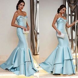 Vestido de fiesta de noche elegante azul bebé Satén Sin tirantes Sin mangas Hasta el suelo Sirena con gradas Vestidos formales de fiesta Robe De Soiree Vestidos De Fiesta