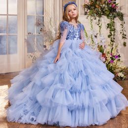Robes à fleurs bleues pour filles, robe de bal formelle à volants et perles, avec demi-manches, robe de Banquet pour enfants, 326 326