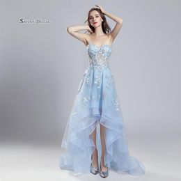 Baby Blue Lace A-lijn Hi-Lo prom feestjurk 2019 Sexy Elegant Vestidos de Festa Avond gelegenheid Mouwloze formele jurk LX552254B