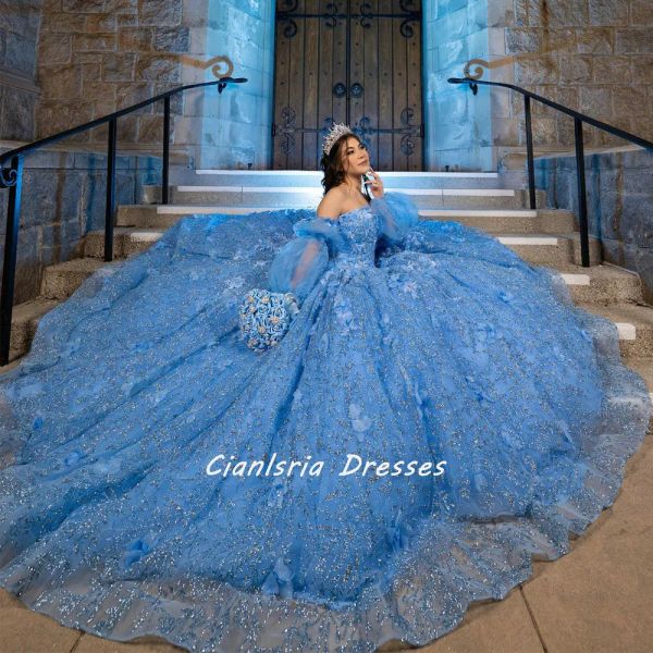 Vestidos de quinceanera de manga larga azul de manga de bebé.