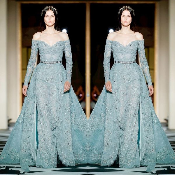 Robe de soirée sirène bleu bébé avec jupe sexy épaules dénudées manches longues ceinture perlée robes de soirée magnifique robe de bal longue en dentelle