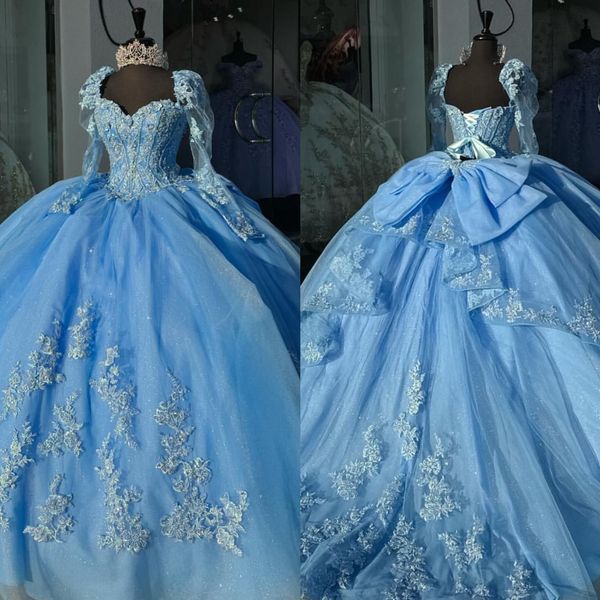 Robes de princesse bleue bébé Robe de bal à manches longues à manches longues en dentelle perle appliquée vestido de quinceanera Sweep Train Tulle Masquerade Robe