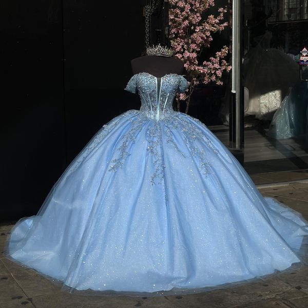 Robes de princesse bleue bébé paillettes de bal de balle appliquée à l'épaule Vestido de Quinceanera Glitter Tulle Masquerade Robe