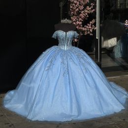 Baby Blue Princess Quinceanera Dresses Prom Ball Gown Pailletten Appliqued Off Schouder Vestido de Quinceanera Glitter TULLE 15 Masquerade -jurk
