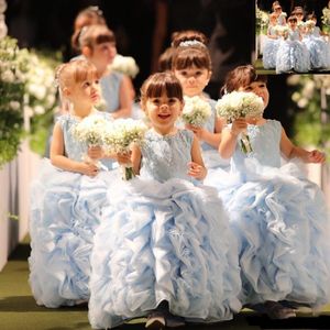 Bébé-Bleu Volants À Volants Robes De Filles De Fleur Belle Robe De Bal Sans Manches Appliques Robe De Soirée Pour Mariage Jolies Filles Communion Robes