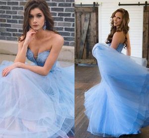Baby Blue Tule Prom Dresses 2019 Beaded Crystal Sweetheart Open Back Jurken Avond Draag Formele Jurken Feest voor speciale gelegenheden