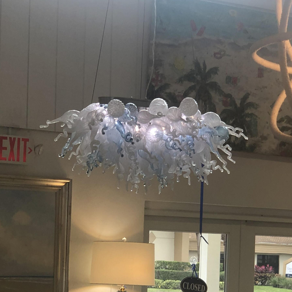 ベビーブルーホワイトランプシェード屋内吹きガラスアート照明器具ホームモダンなシャンデリアダイニングリビングルームの装飾32 x 20インチ