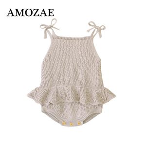 Baby bodysuit schattig pasgeboren meisje outfits kleding tops mode zomer peuter baby riem jumpsuit solide gebreide kinderen 210315