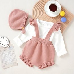 Bodys bébé tricoté été né filles combinaison tenues mode volants infantile enfant en bas âge vêtements chapeau 2PC solide 0-18M Onesies 240119