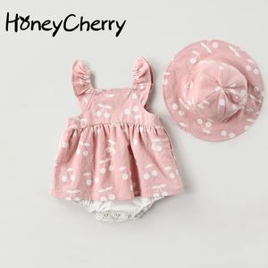 Baby Bodys Vêtements d'été Mode Mignon Cherry Prints Vêtements pour enfants Robe avec chapeau Combinaisons 210515