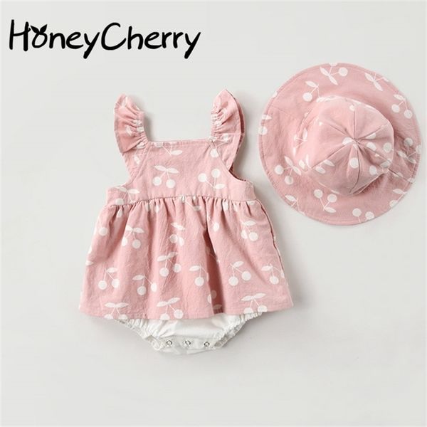 bébé Bodys Vêtements d'été Mode mignon cerise Prints enfants vêtements Bodys robe avec chapeau Combinaisons 210701