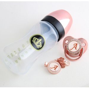 Baby Bottles# 240ml Rose Gold Bottle And Pacifier Set With Chain Clip 26 Letters Bling Kit BPA Free 230426