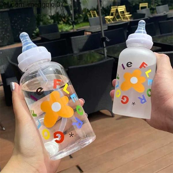 Детские бутылочки # Милый мультфильм пластиковая бутылка с водой соска соломенная чашка подходит для взрослых детей бутылочка для питья молока цветок бутылочка для кормления ребенка 220708 Z230701