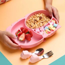 Cuenco para bebé, cuchara y tenedor, vajilla de alimentación, sin BPA, platos de dibujos animados para niños, juego de vajilla para comer para bebés, plato de entrenamiento anti-calor, alimentación