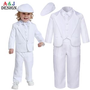 Baby Boy Doop Outfit Baby Wit Dooppak met Hoed Peuter Bruiloft Verjaardagsfeestje Kleding Tuxedo met lange mouwen 5PCS 240109