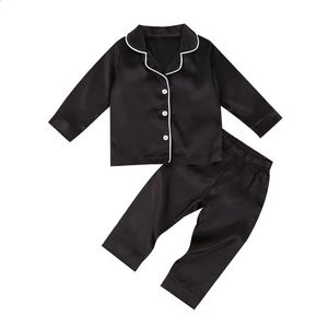 Bébé garçon noir satin soie pyjama ensembles vêtements de nuit à manches longues haut pantalon 1-7 ans enfant en bas âge enfants été automne chemise de nuit décontractée 240123