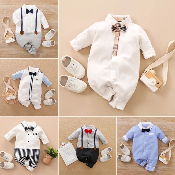 Bébé garçon noeud papillon barboteuse né costume formel infantile manches longues body enfant en bas âge combinaisons Onesies 0-18 mois 240116