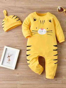 Baby boy cartoon tijger print jumpsuit met hoed zij